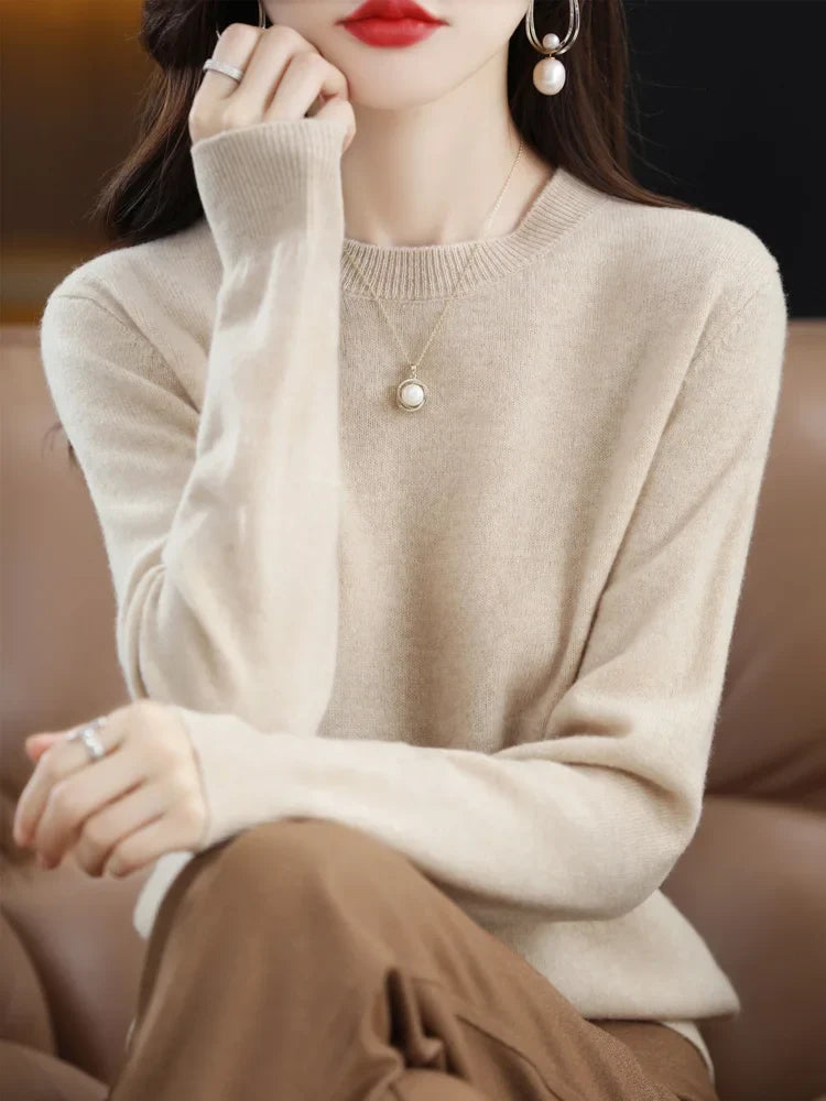 Pull col rond basique femme manches longues uni