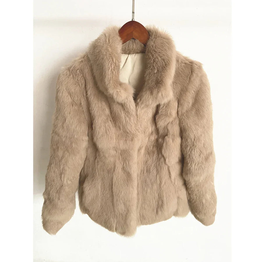 Veste courte femme en fourrure synthétique élégante, col montant, manches longues