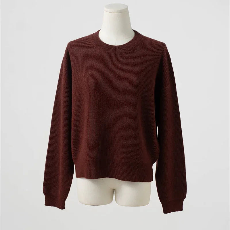 Maglione da donna a coste con scollo rotondo e maniche lunghe