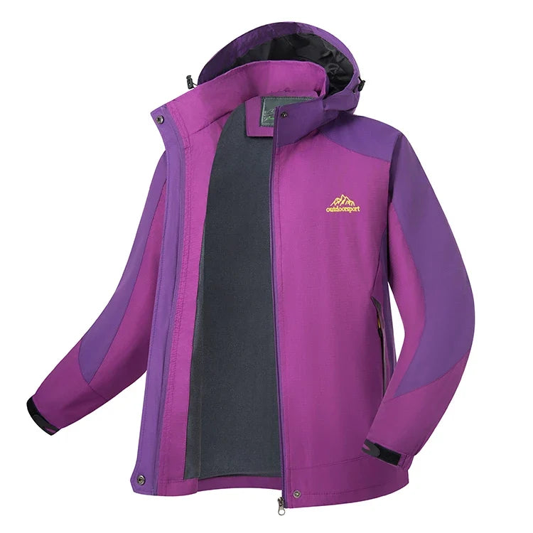 Zweifarbige wasserdichte Damenjacke mit Kapuze und herausnehmbarem Fleecefutter
