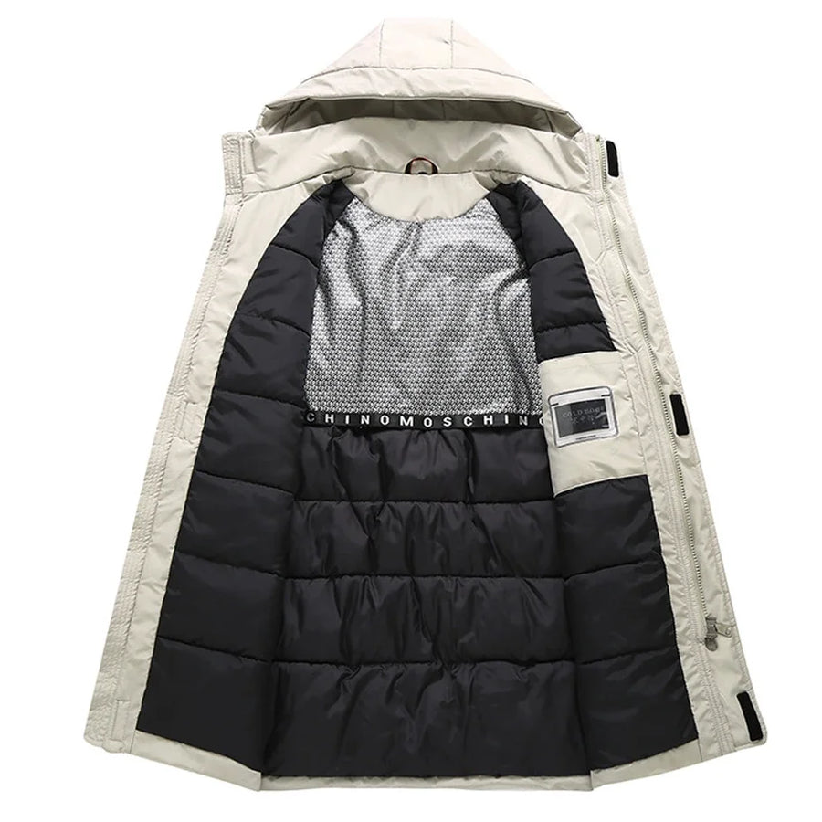 Men's long hooded padded coat - Beige, flap pockets