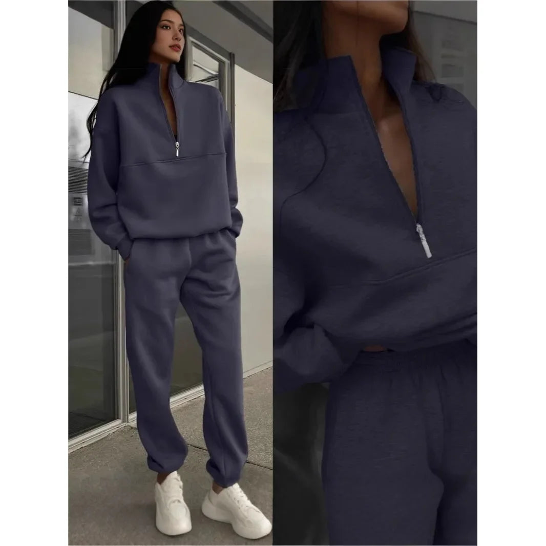 Ensemble de survêtement décontracté à col zippé pour femme - Style moderne et urbain