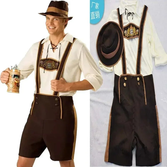Komplettes bayerisches Herren-Kostüm in Braun und Weiß mit Hosenträgern und Hut