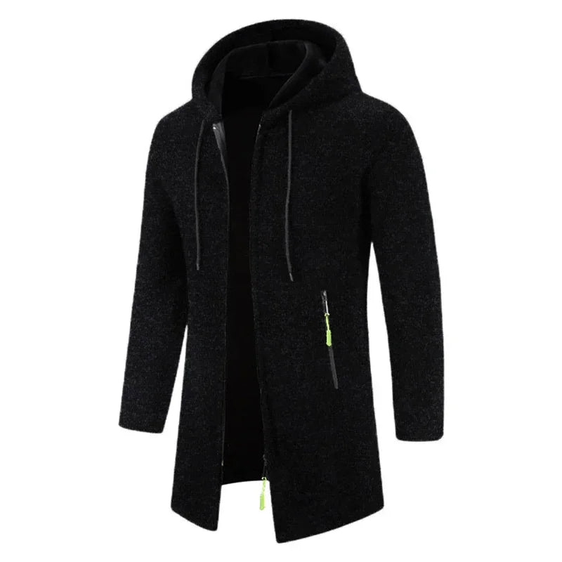 Manteau long homme style cardigan à capuche mélangée avec poches zippées