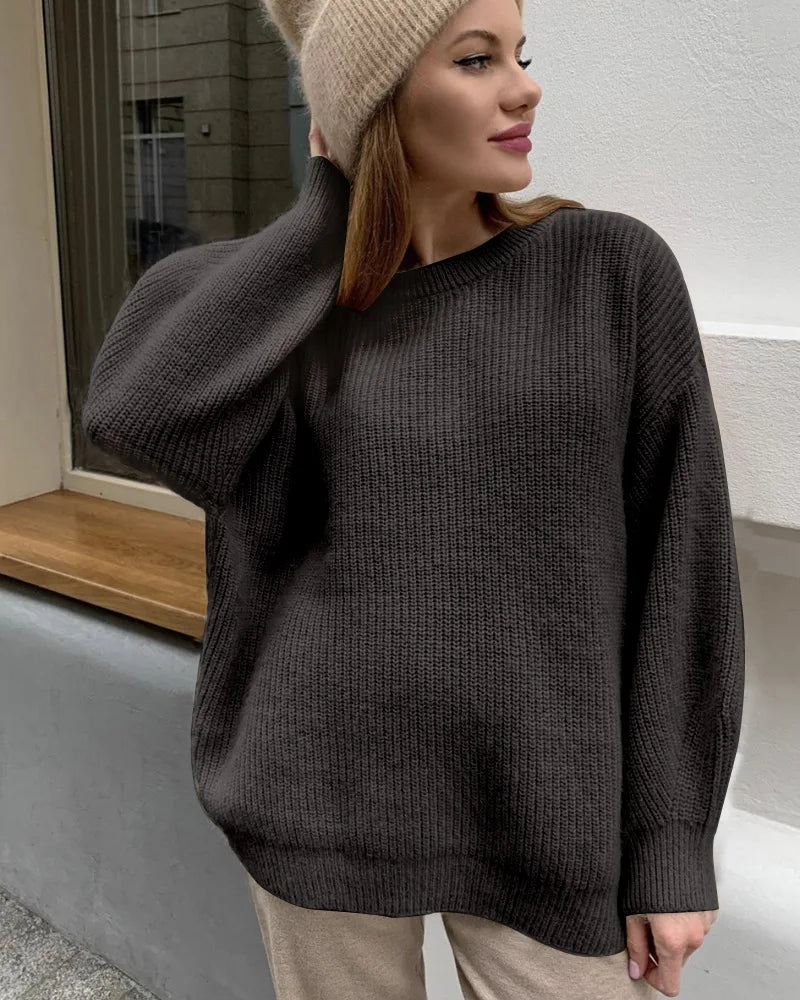 Jersey holgado de punto de canalé para mujer, con cuello redondo y mangas largas