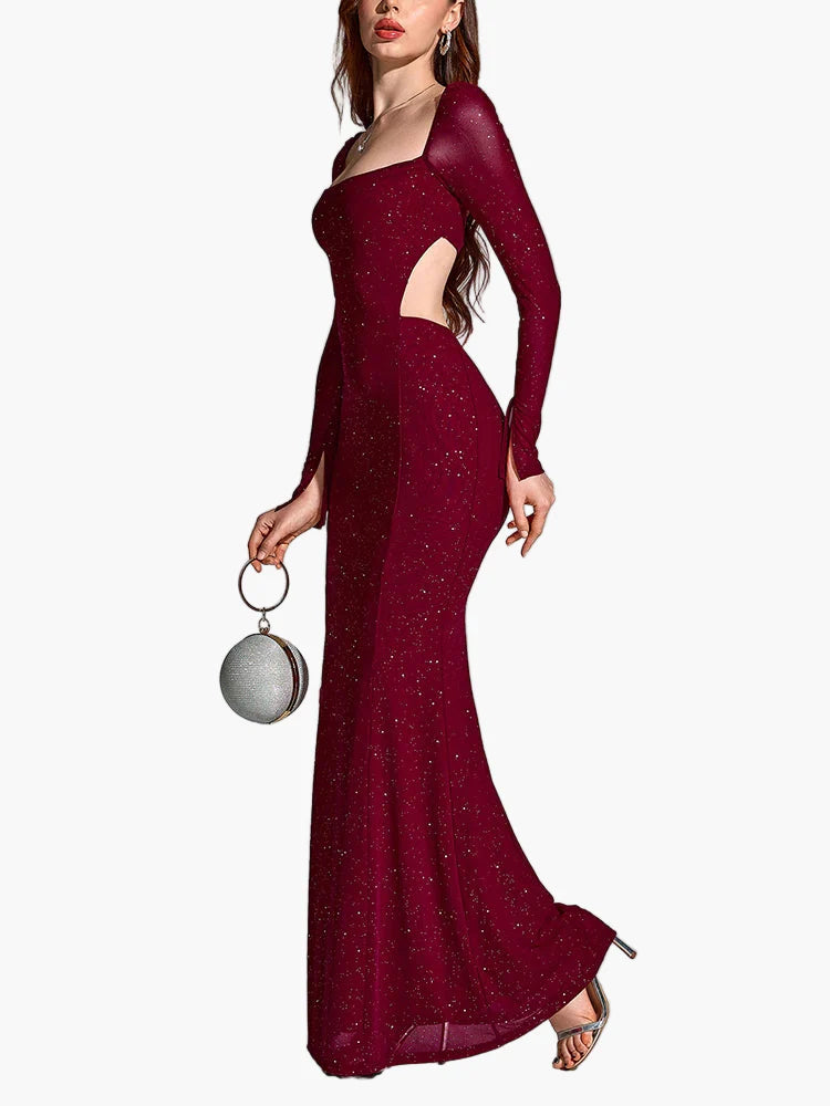 Robe de soirée élégante fendue à manches longues pour femme, style gala et événement