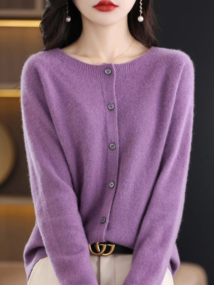 Weicher Damen-Cardigan mit Rundhalsausschnitt, Knöpfen und langen Ärmeln, Grau