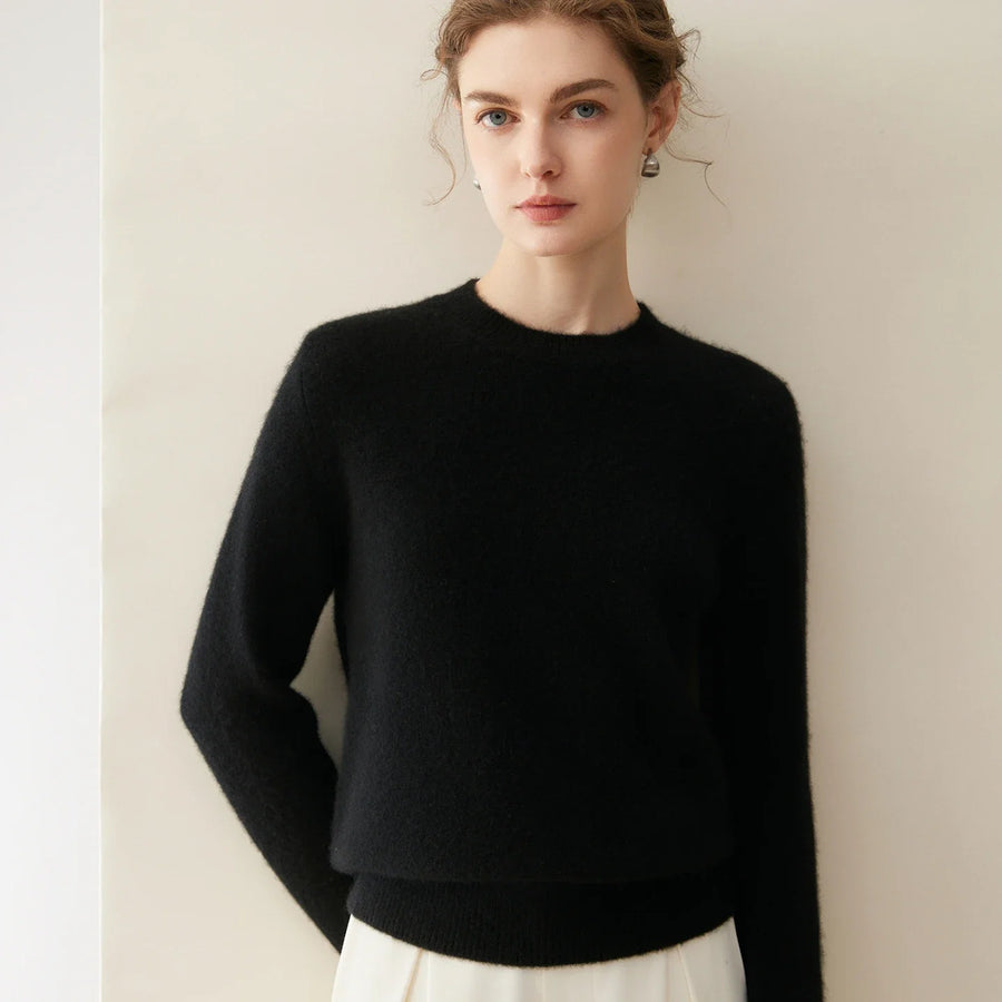 Pull en maille ras du cou manches longues femme - Blanc cassé