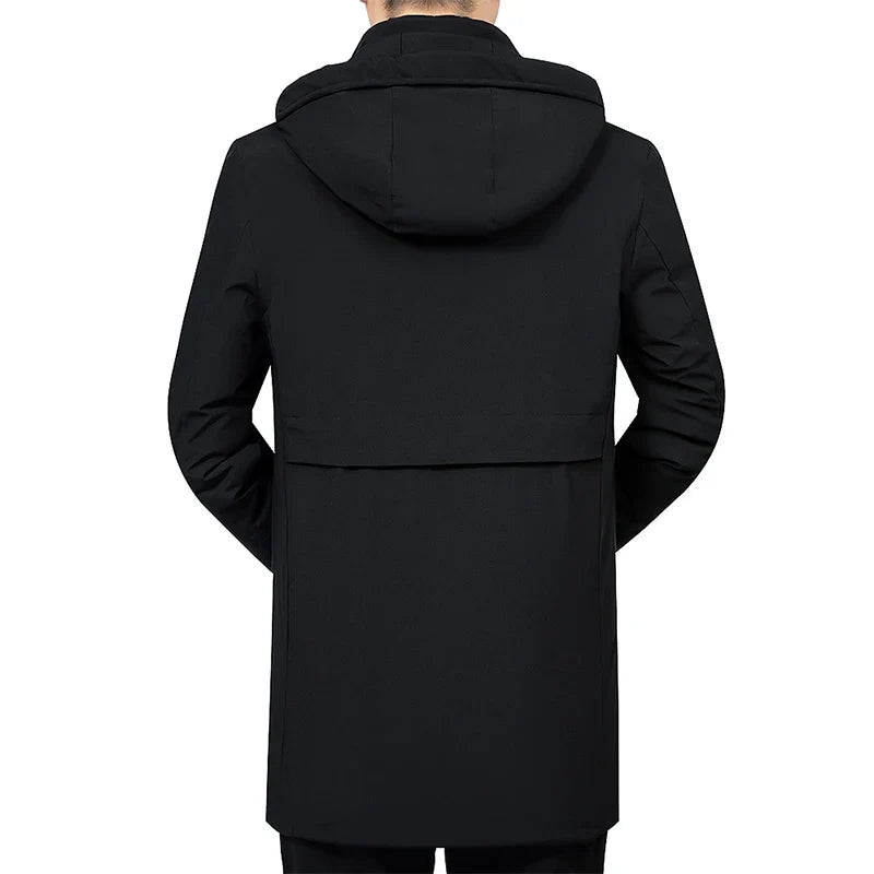 Cappotto lungo da uomo con cappuccio e chiusura a cerniera, nero
