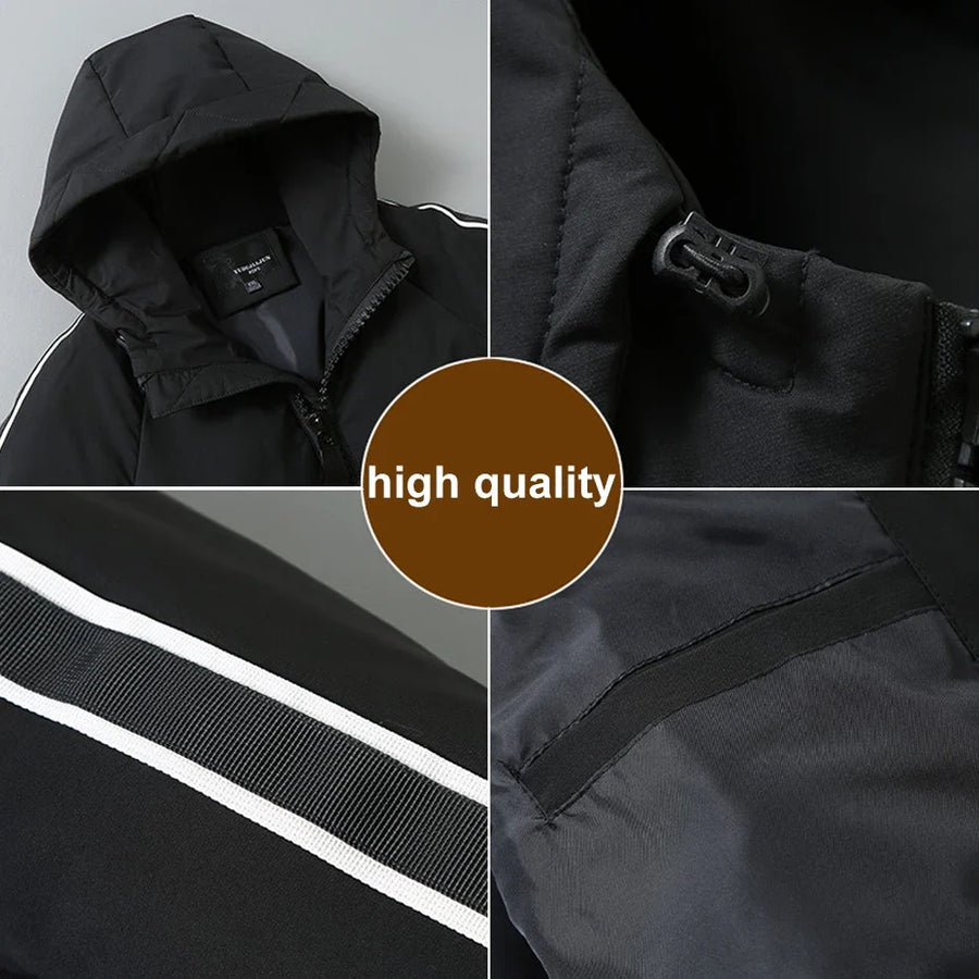 Manteau à capuche homme noir long avec fermeture éclair double et bandes blanches