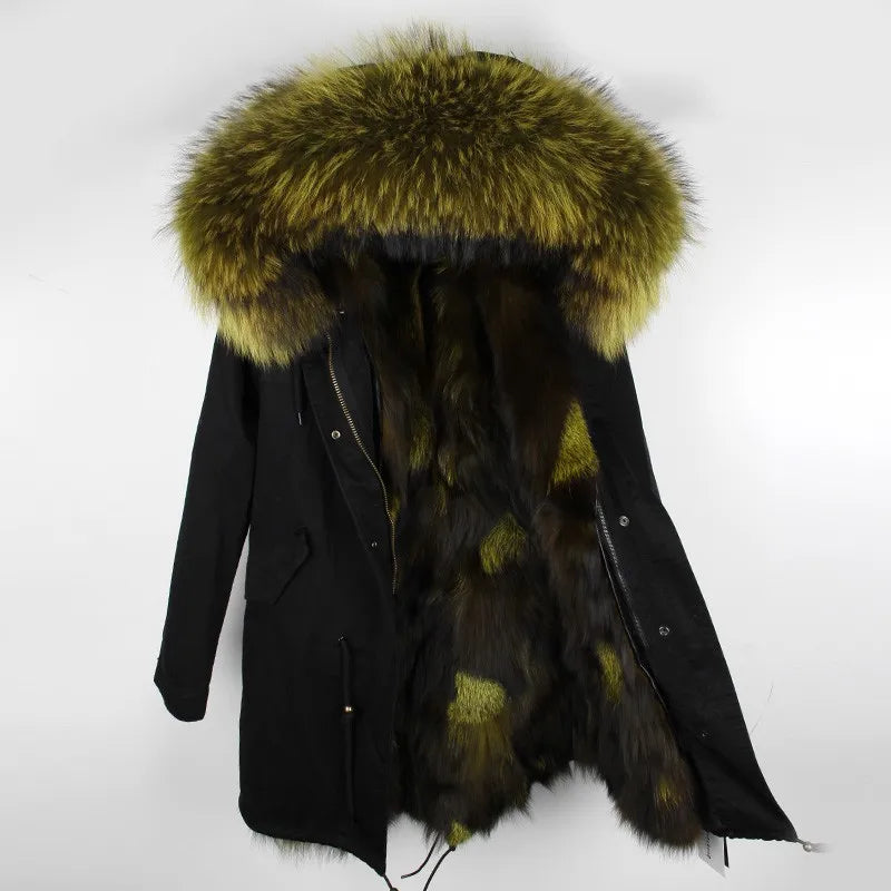 Parka invernale da donna con cappuccio, pelliccia rosa e fodera calda