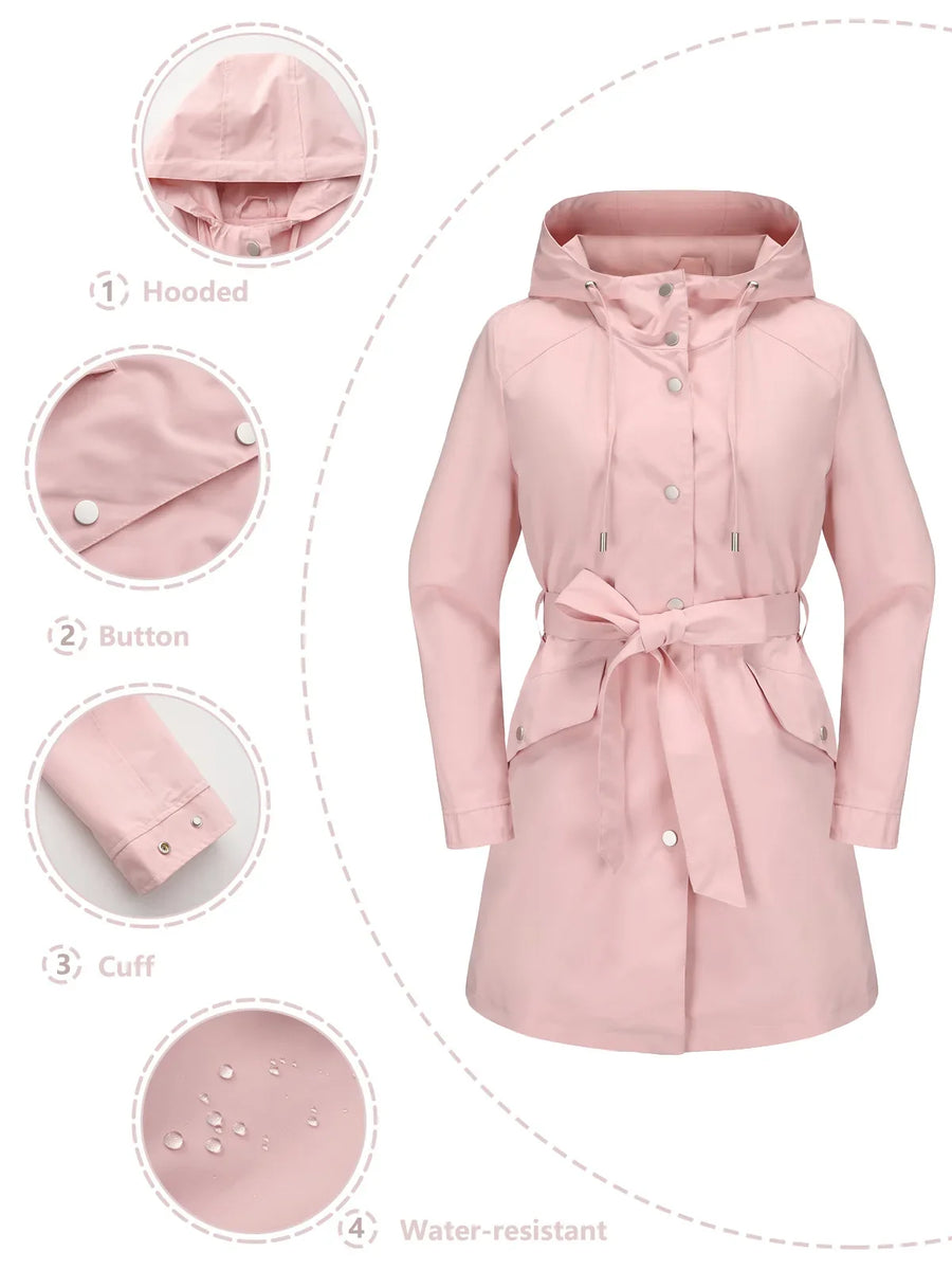 Imperméable Femme à Capuche Ceinturé Boutons Manches Longues