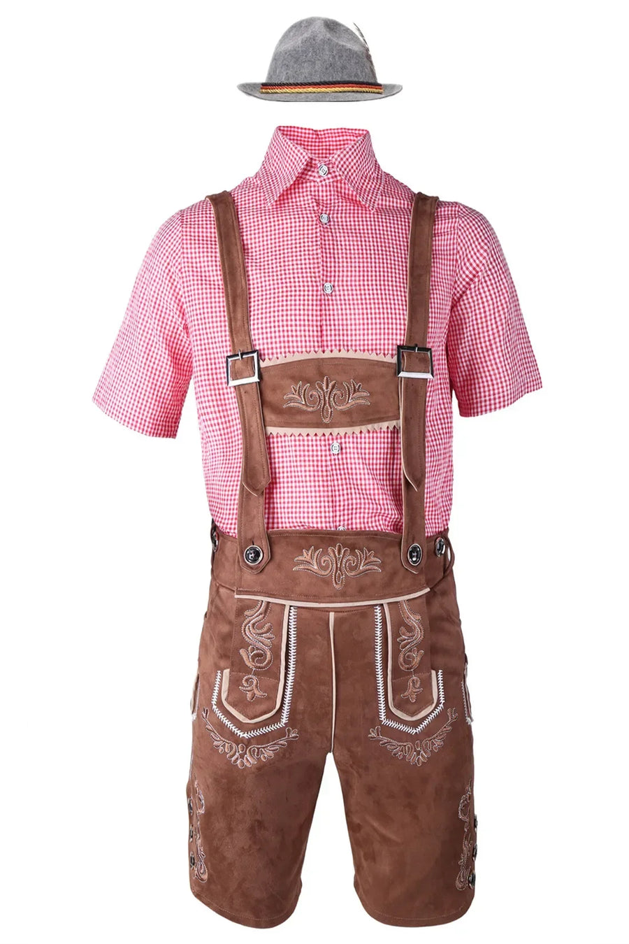 Costume da festa bavarese da uomo, camicia a quadri e pantaloncini Lederhosen