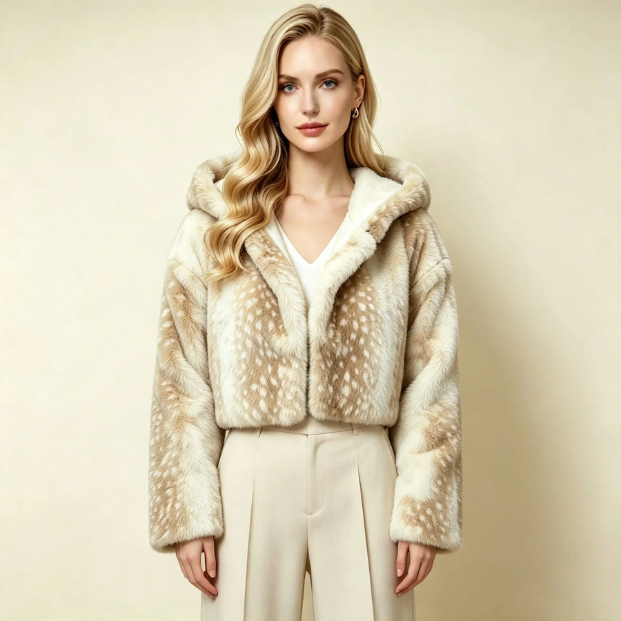 Kort damjacka med huva i mjukt material med beige mockaimitationstryck