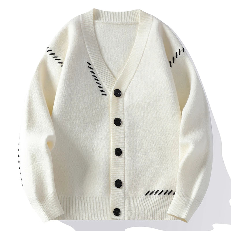 Cardigan informal de punto para hombre, verde oscuro, con cuello de pico, botones y motivos de punto