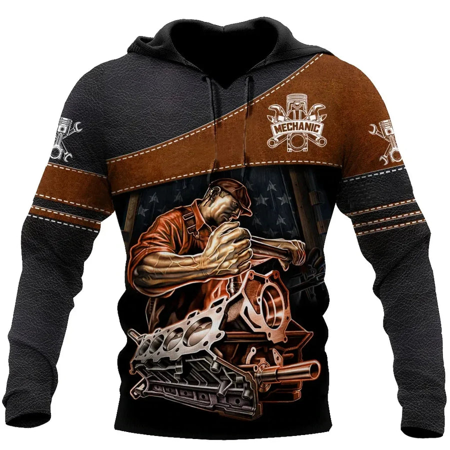 Sweat à Capuche Homme Imprimé Mécanicien Moteur Engrenages Outils