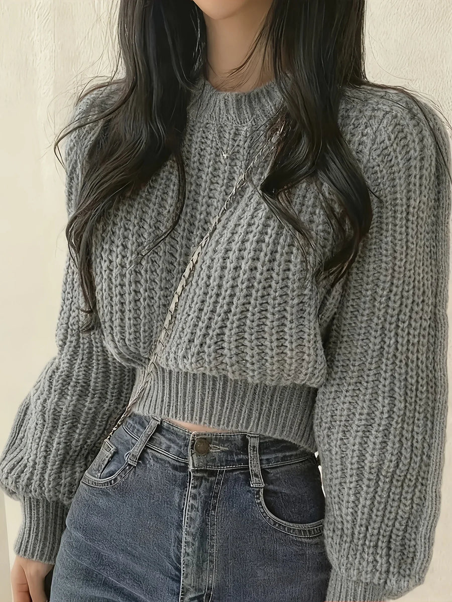 Pull court en maille côtelée pour femme, manches longues amples