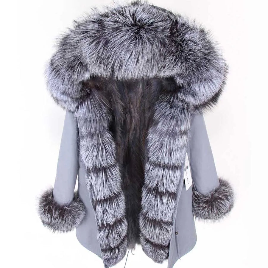 Parka invernale da donna con cappuccio, pelliccia rosa e fodera calda