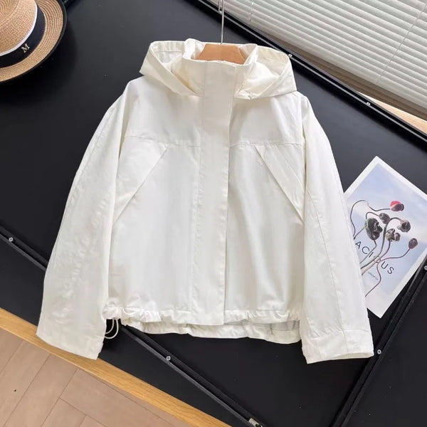 Blouson court à capuche femme avec cordon de serrage taille, couleur unie