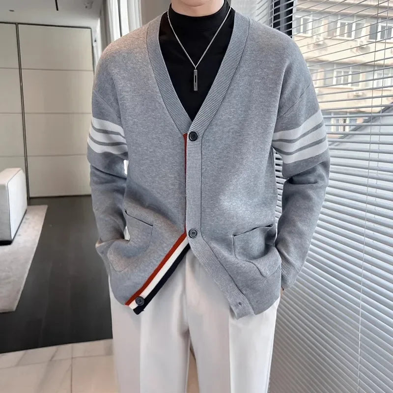 Men's button-up V-neck cardigan with sleeve stripes and tricolor details