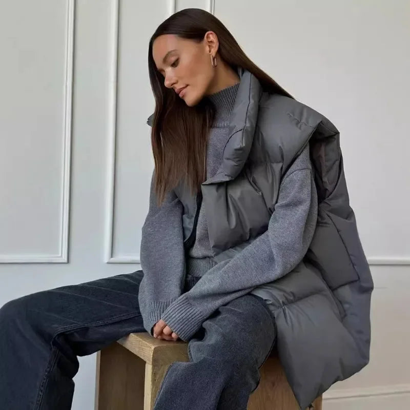 Gilet piumino da donna senza maniche, imbottito, con collo alto, grigio