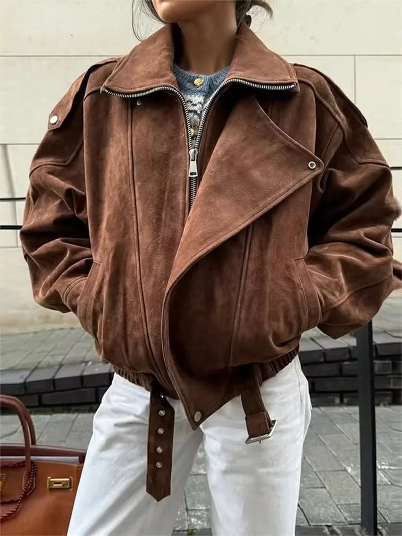Women's oversized aviator jacket in dark brown with asymmetrical closure