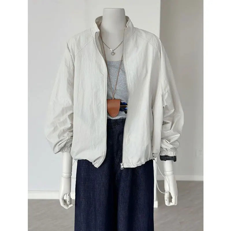 Women's Lightweight High-Collar Zip-Up Jacket with Puff Sleeves