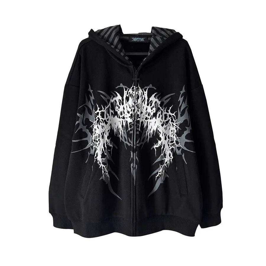 Felpa oversize nera con cappuccio, zip e stampa gotica