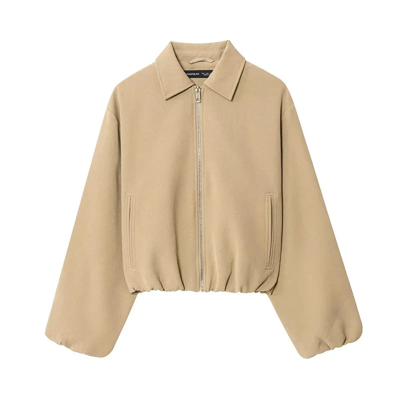 Blouson court femme décontracté à col chemise et manches amples