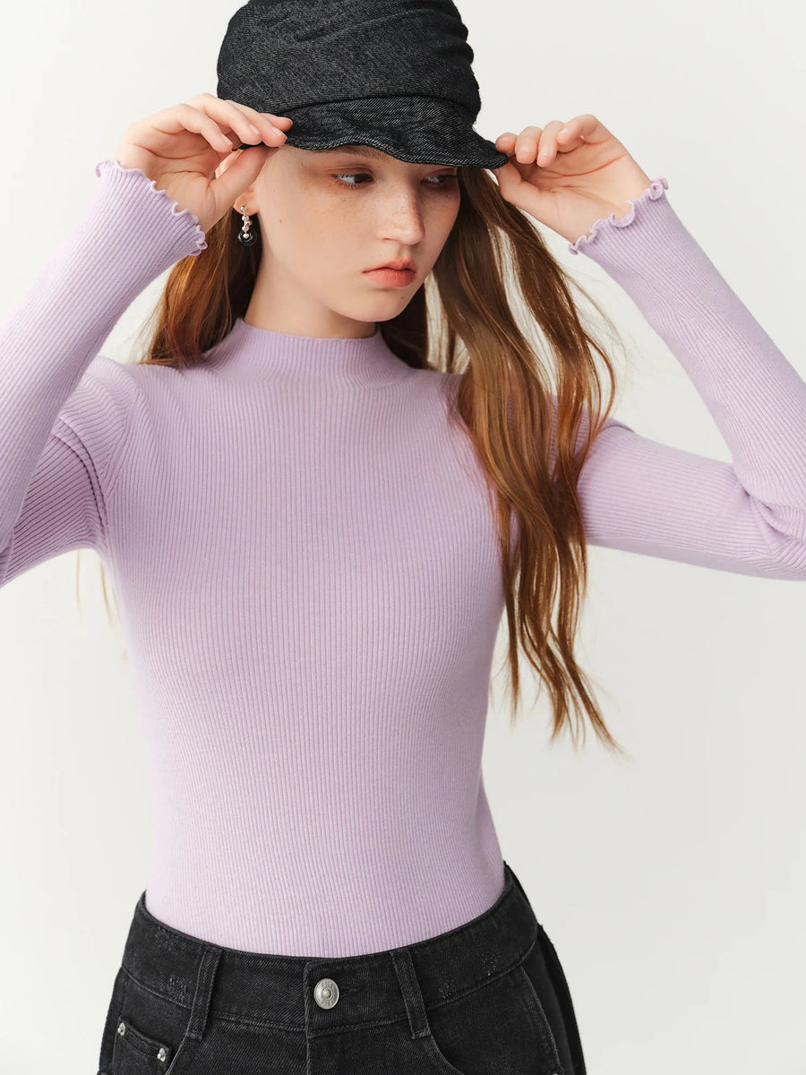 Top acanalado de cuello alto y manga larga para mujer, con bordes ondulados