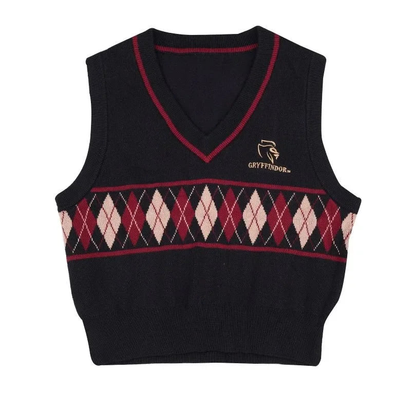 Gilet sans manches tricoté col V à motif losanges style preppy pour femme