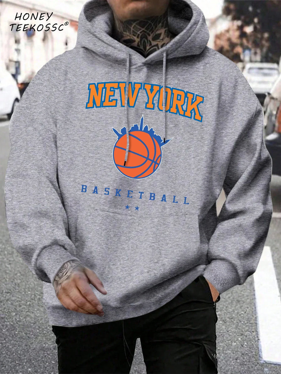 Unisex hættetrøje med New York Brooklyn-basketballprint og kængurulomme