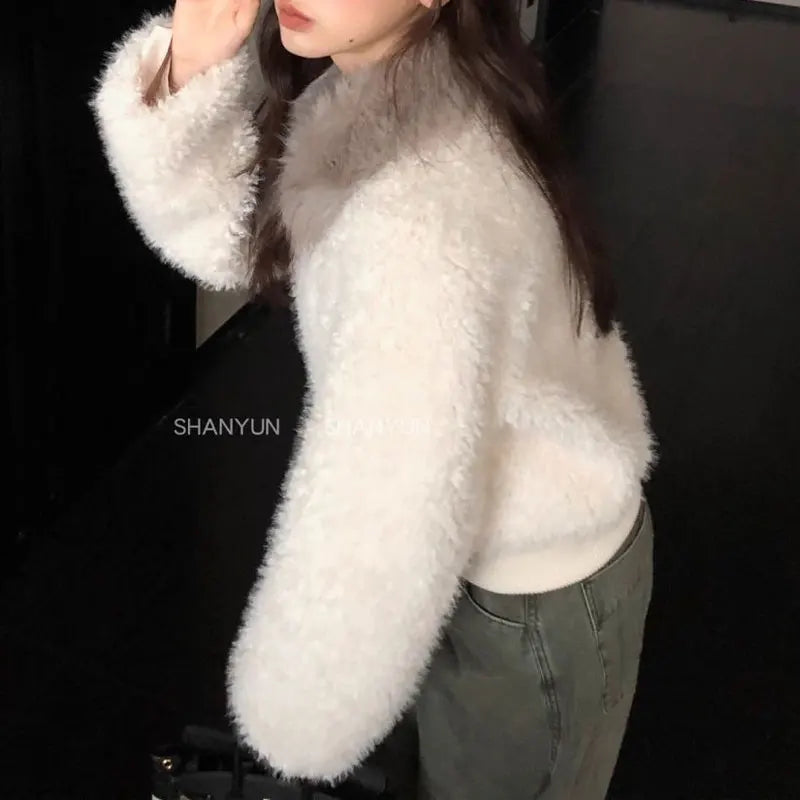 Veste courte effet peluche femme marron avec col doux