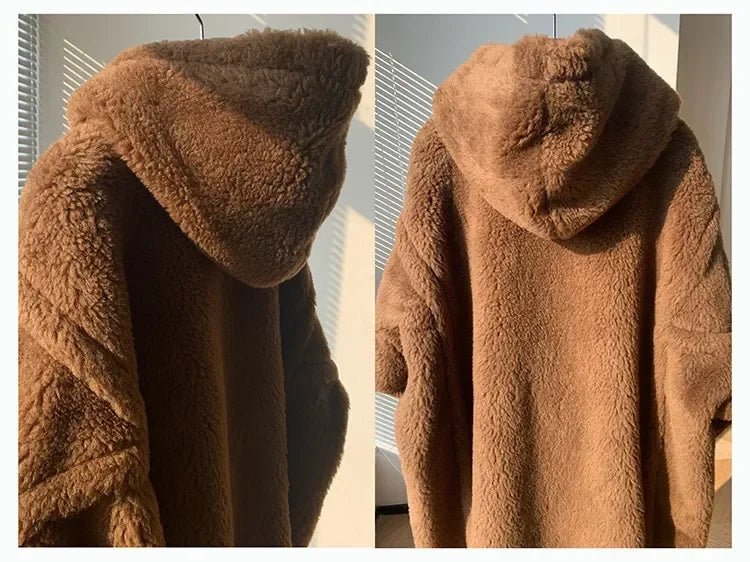 Cappotto lungo con cappuccio in morbido tessuto effetto peluche marrone