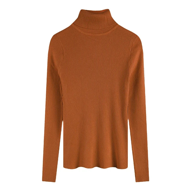 Figurbetonter Damen-Rollkragenpullover aus Rippstrick mit langen Ärmeln