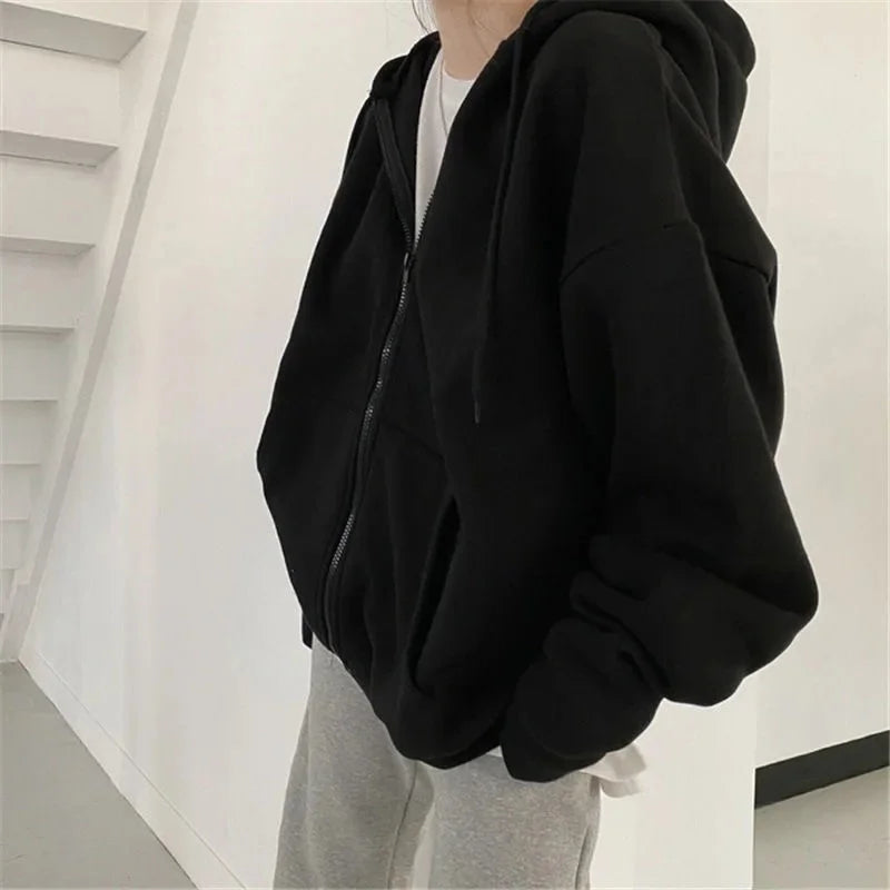Sweat à Capuche Zippé Unisexe Ample avec Poches et Cordon Bleu Marine