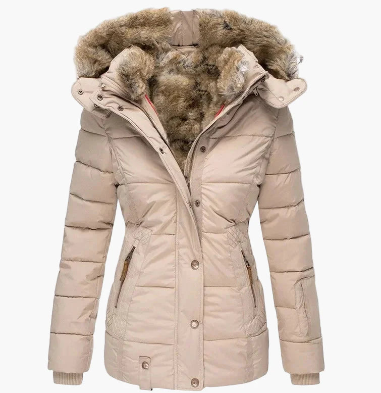 Chaqueta de Invierno para Mujer Elegante con Capucha y Piel – Corte Entallado y Estilo Urbano