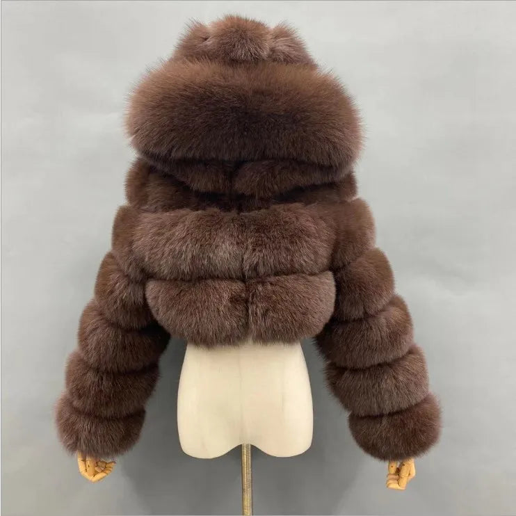 Veste courte à capuche en fausse fourrure douce pour femme