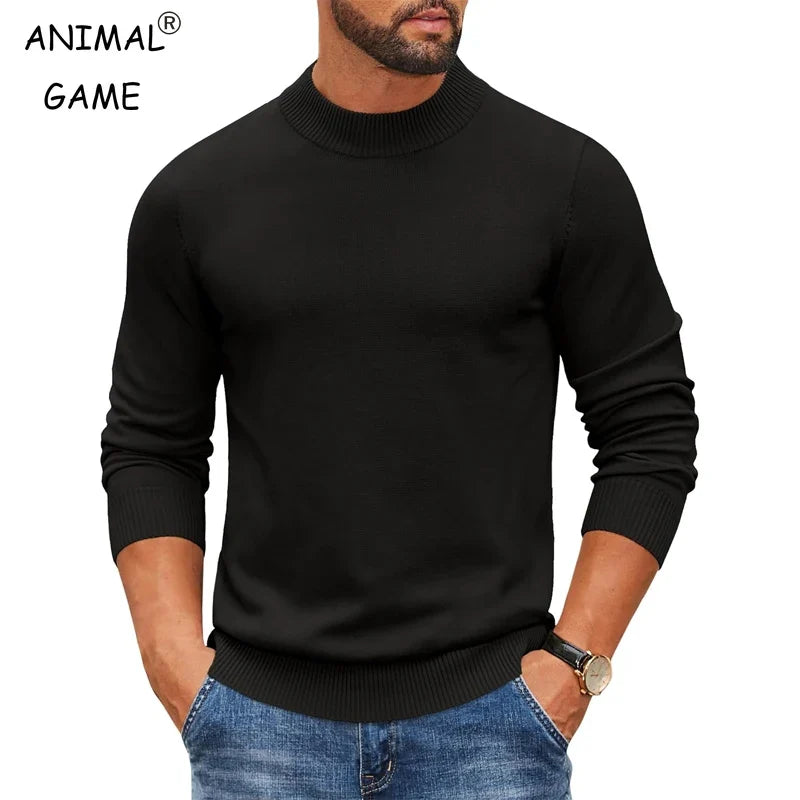 Jersey de punto para hombre con cuello alto acanalado y manga larga, color liso