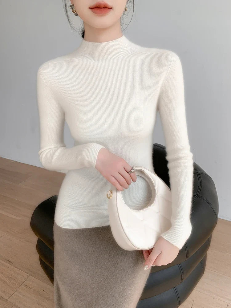Pull col montant côtelé doux à manches longues pour femme