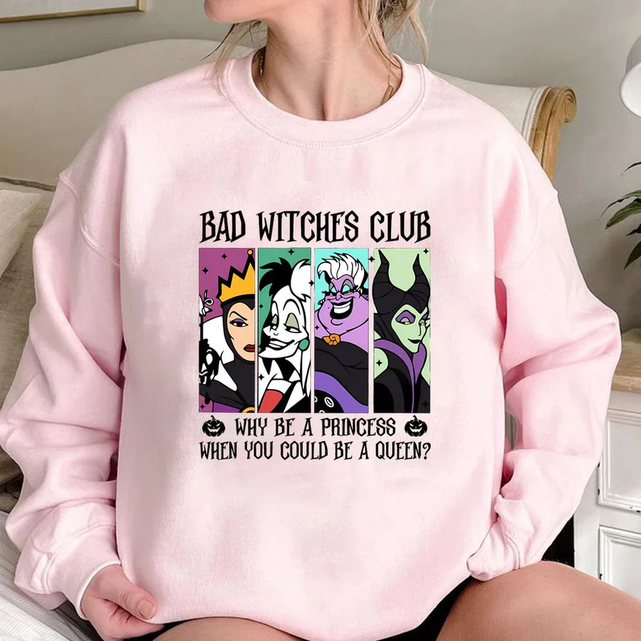 Damska bluza z okrągłym dekoltem i nadrukiem „Bad Witches Club”, z długimi rękawami, casualowa