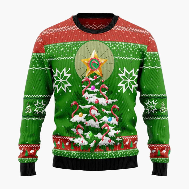 Unisex fantasijultröja i "Ugly Christmas Sweater"-stil med flamingos och humoristiskt budskap