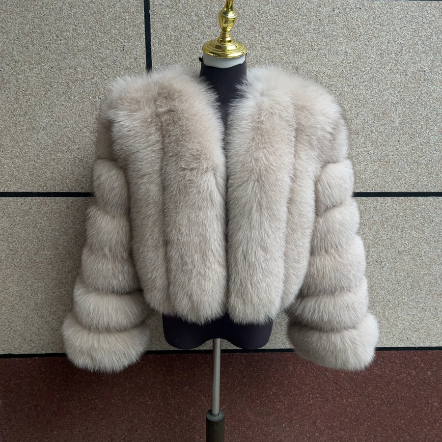 Veste courte femme à manches longues en fourrure douce aspect hiver chaud élégant blanc