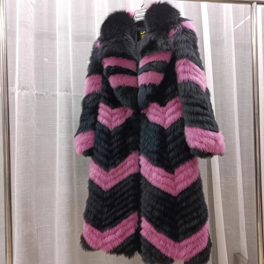 Manteau long pour femme en fausse fourrure à motif chevrons et col large