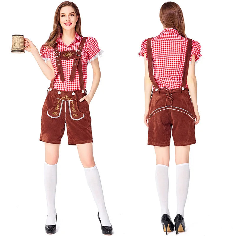 Damen-Lederhosen-Set mit Karomuster, Hemd und Träger-Shorts im bayerischen Stil
