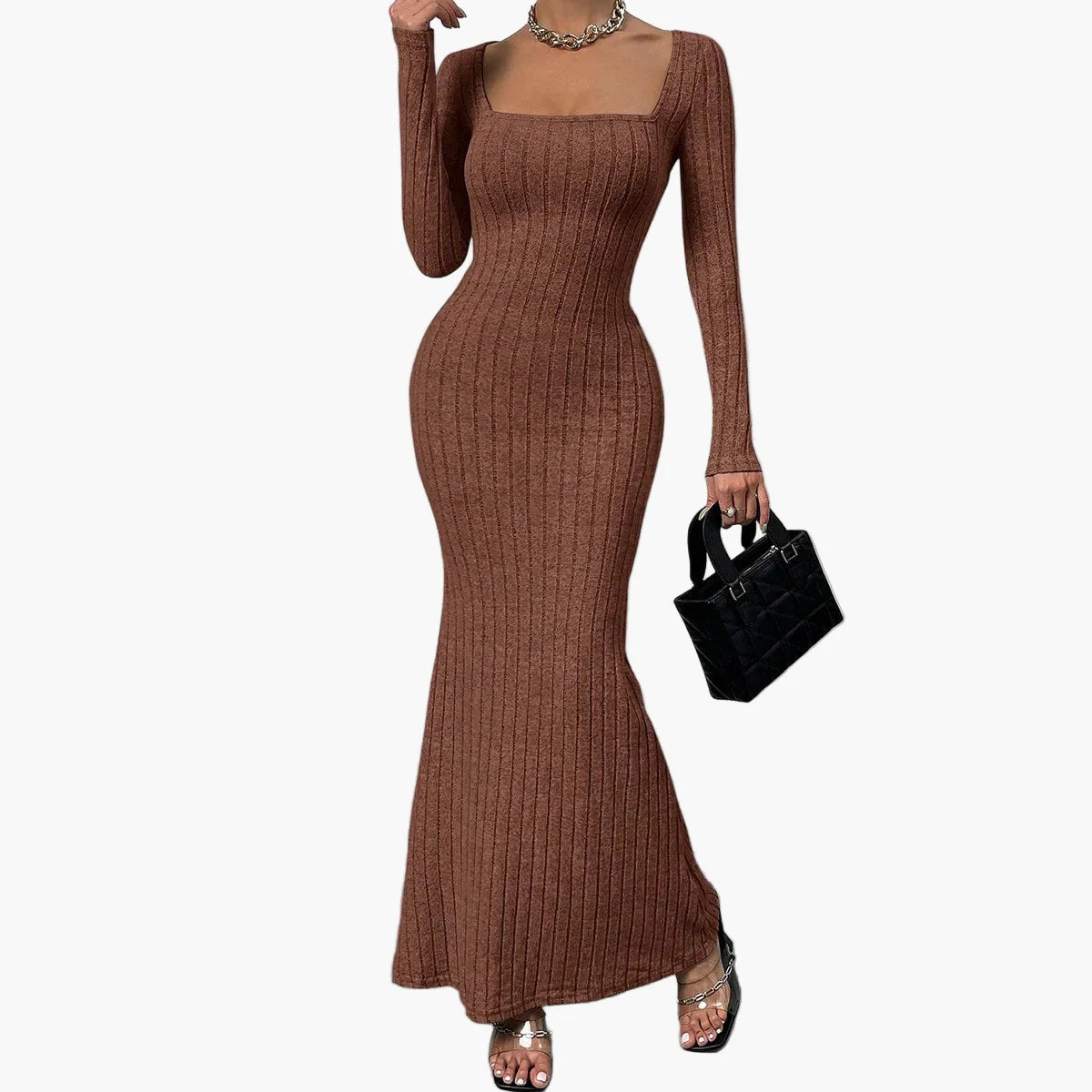 Robe longue moulante à manches longues pour femme – Élégance chic et moderne