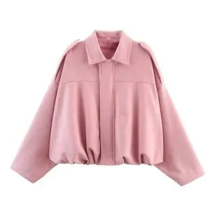 Cazadora corta de aviador de mujer de color liso, con cuello de solapa y mangas amplias