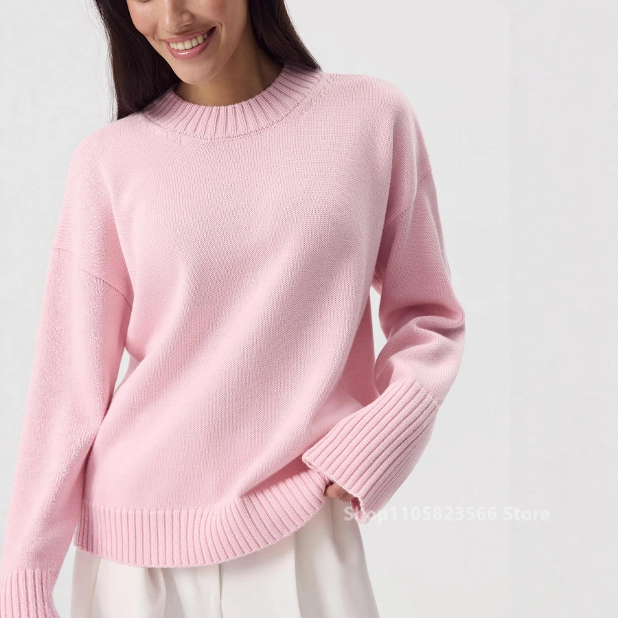 Jersey holgado de punto de canalé para mujer, con cuello redondo y color liso