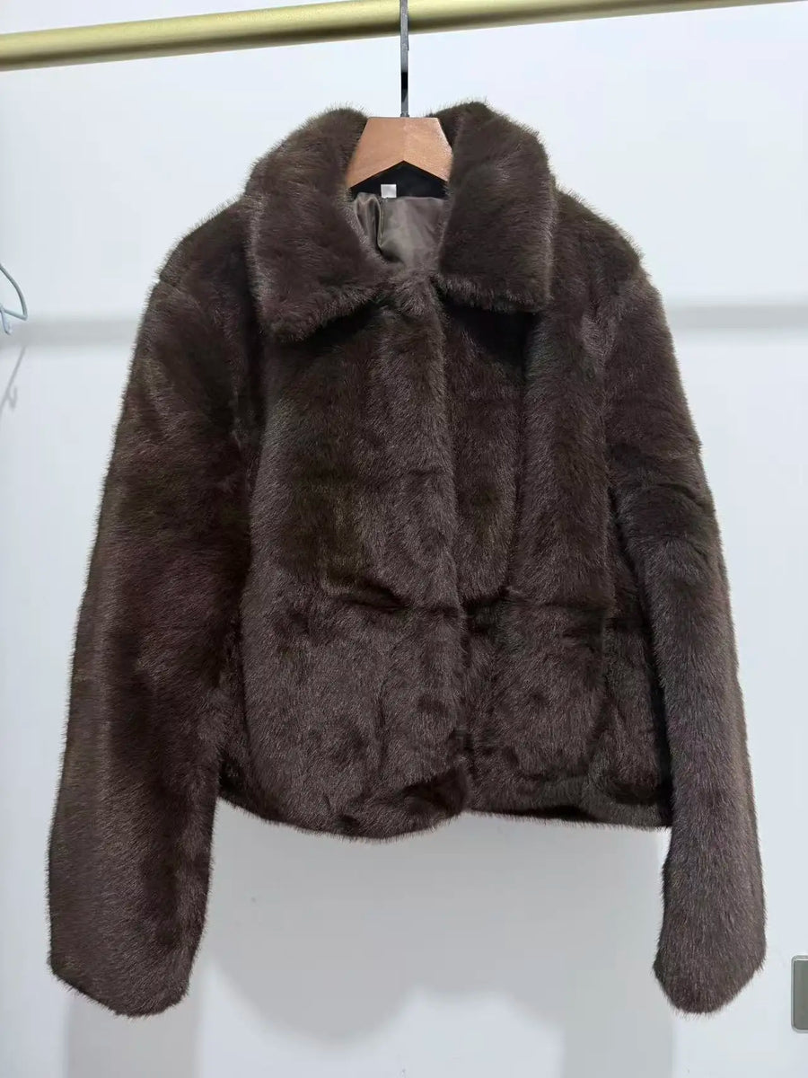 Chaqueta corta de piel sintética para mujer, cuello clásico y mangas largas
