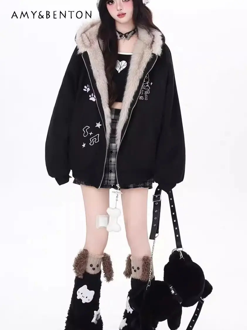 Damenkapuzenjacke mit Katzenohren und Kunstpelzbesatz